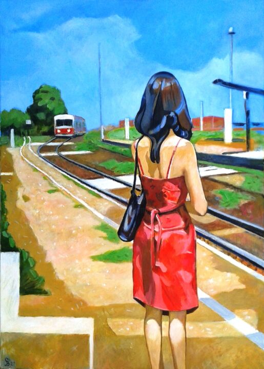 Painting titled "Approaching Train 1a" by Stan Bigda, Original Artwork, Acrylic
