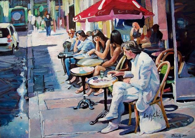 Painting titled "Paris pavement cafe" by Stan Bigda, Original Artwork, Acrylic
