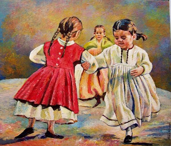 Malerei mit dem Titel "Dancing Girls" von Stan Bigda, Original-Kunstwerk, Öl