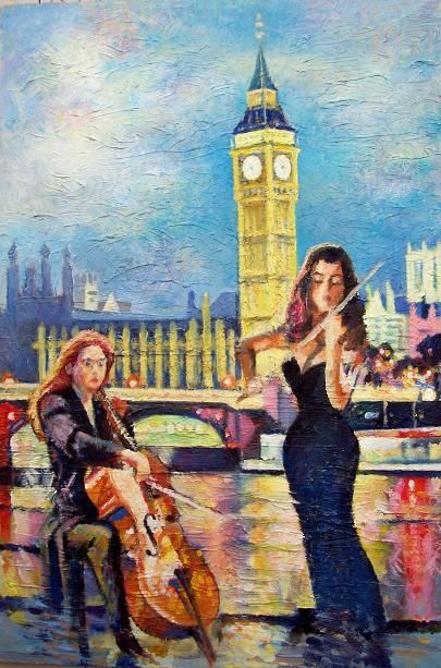 Painting titled "Buskers in London" by Stan Bigda, Original Artwork, Oil