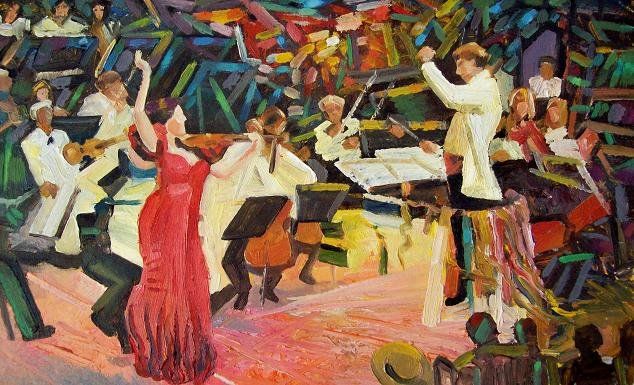 Malerei mit dem Titel "Concerto Finale" von Stan Bigda, Original-Kunstwerk, Öl