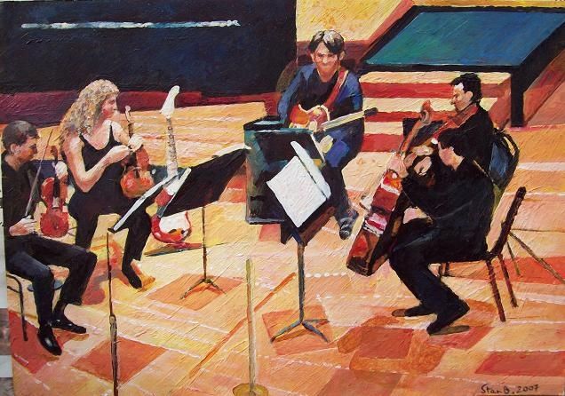 Schilderij getiteld "Musical Quintet" door Stan Bigda, Origineel Kunstwerk, Olie