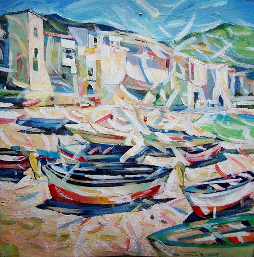 Painting titled "Boats and seagulls" by Stan Bigda, Original Artwork, Oil