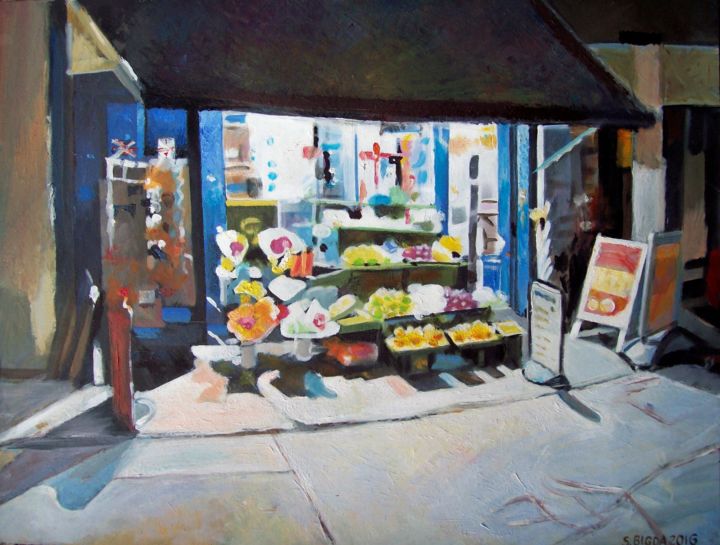 Painting titled "Night shop at Paddi…" by Stan Bigda, Original Art, Oil