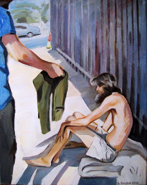 Painting titled "Clothe the naked" by Stan Bigda, Original Artwork, Oil