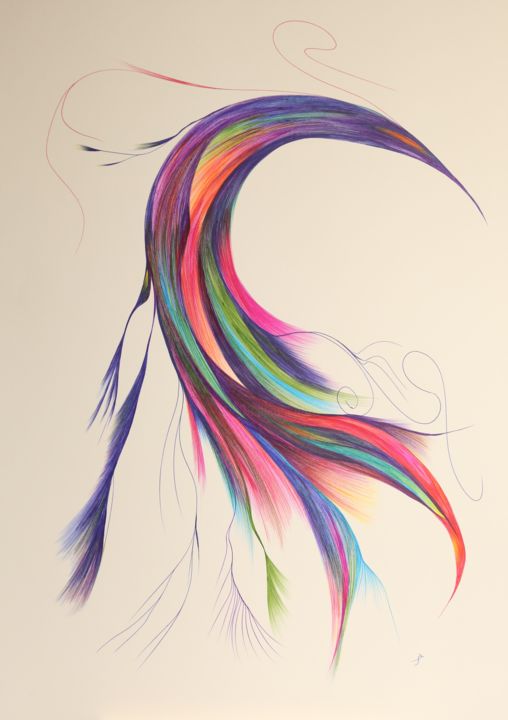 Drawing titled "oiseau-arc-en-ciel.…" by Stan.Phi, Original Artwork, Ballpoint pen