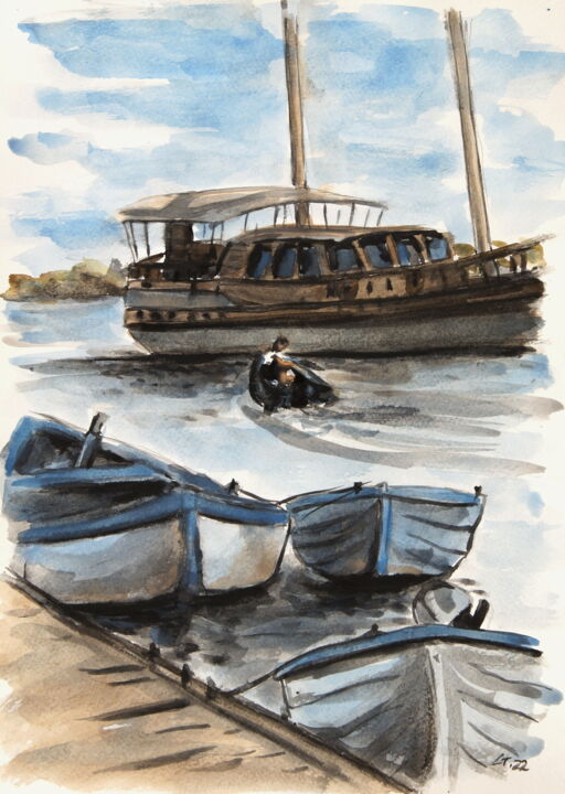 Painting titled "Boats 2" by Stanimir Stoykov, Original Artwork, Watercolor