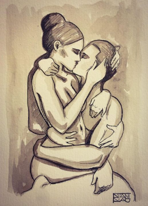 Drawing titled "The Kiss card" by Stanislao, Original Artwork, Ink