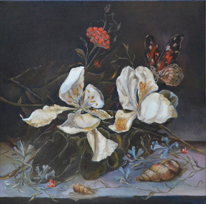 Painting titled "White flowers" by Stanislav Motornyi, Original Artwork, Oil