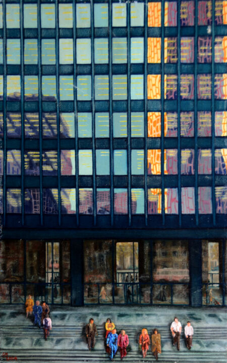 Painting titled "The Big bank." by Stanley Mishkin, Original Artwork, Oil Mounted on Wood Stretcher frame