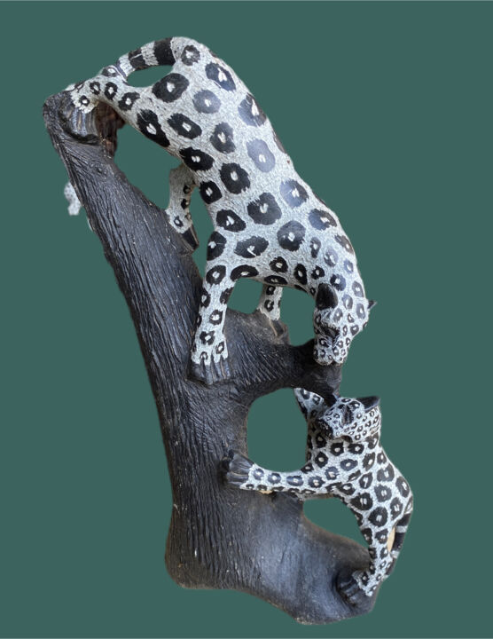 Sculpture titled "Leopard & Cub" by Stanley Sibanda, Original Artwork, Stone