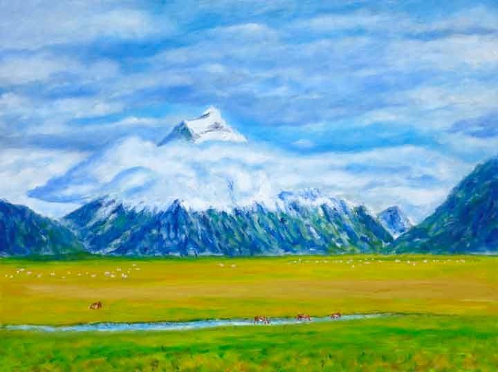 Malarstwo zatytułowany „Mt. Cook Cattle” autorstwa Stan Sweeney, Oryginalna praca