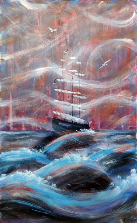Schilderij getiteld "Barque with sails d…" door Stasy Vo, Origineel Kunstwerk, Acryl