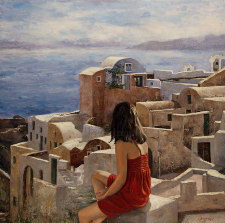 Pintura intitulada "Oia Santorini" por Stathis Koukopoulos, Obras de arte originais, Óleo
