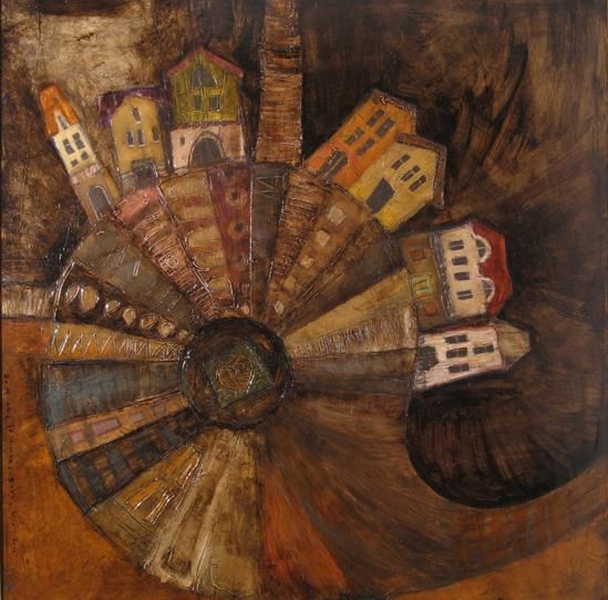 Malerei mit dem Titel "Twisted house" von Dominika Stawarz-Burska, Original-Kunstwerk, Öl