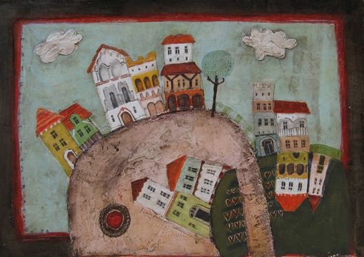 Painting titled "Houses in a rock" by Dominika Stawarz-Burska, Original Artwork, Oil