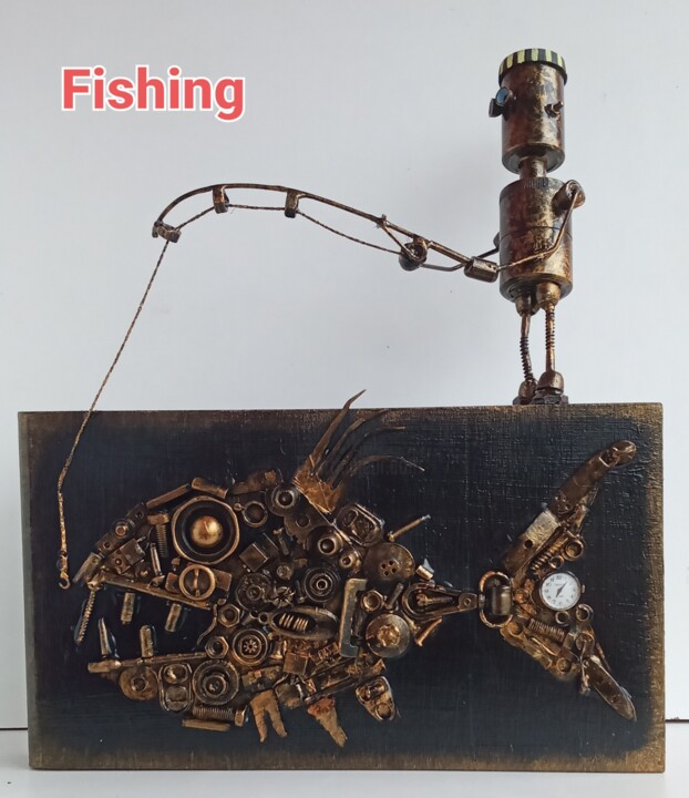 Sculpture titled "Fishing" by Steampunker_ukraine, Original Artwork, Metals