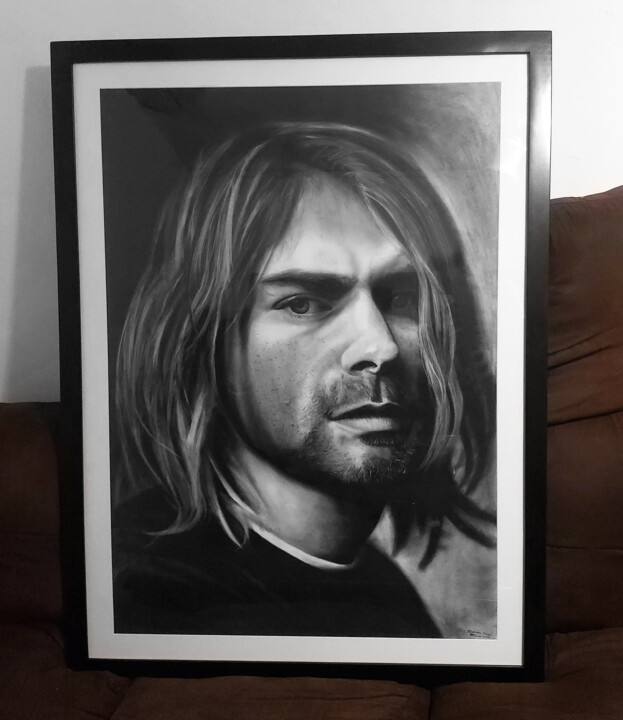 Drawing titled "Kurt Cobain Realist…" by Steeven Shaw, Original Artwork, Charcoal Mounted on Wood Stretcher frame