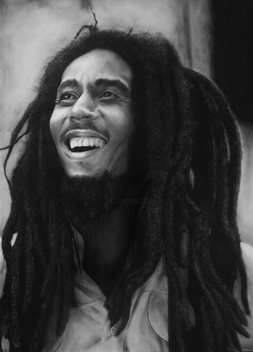 Drawing titled "Bob Marley Drawing" by Steeven Shaw, Original Artwork, Charcoal Mounted on Wood Stretcher frame