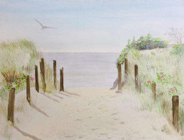 Painting titled "le chemin á la plage" by Stefan Dhein, Original Artwork, Watercolor