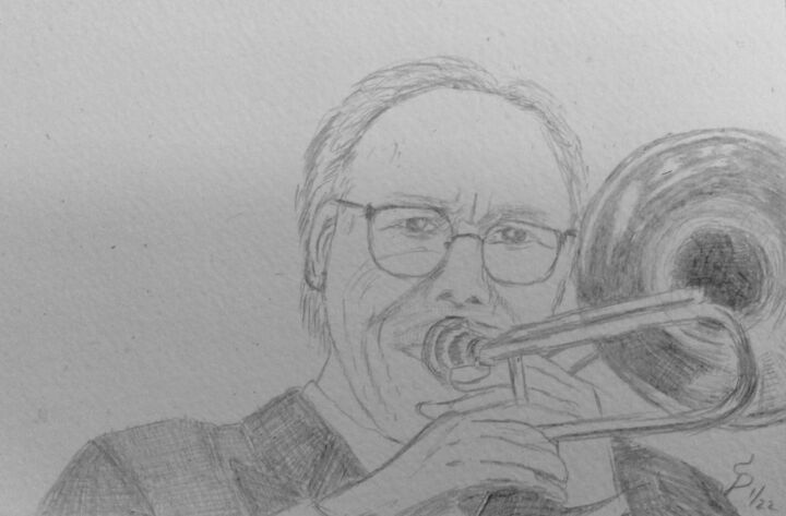 Peinture intitulée "Jazz trombone by Ch…" par Stefan Dhein, Œuvre d'art originale, Pointe d'argent