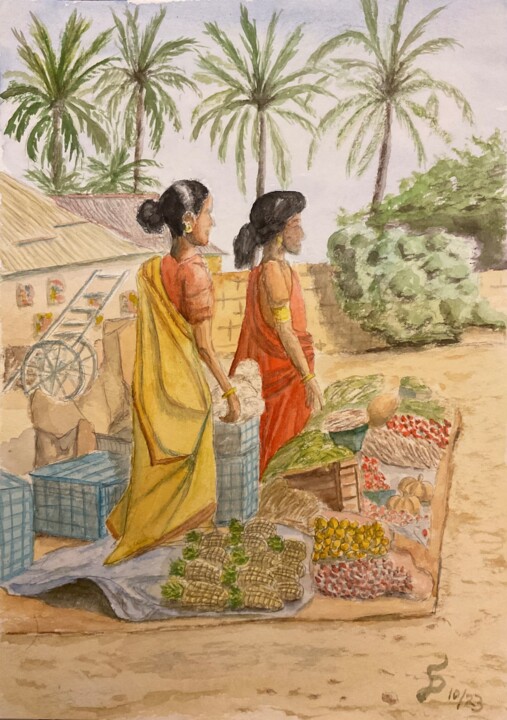 Malerei mit dem Titel "Indian market" von Stefan Dhein, Original-Kunstwerk, Aquarell