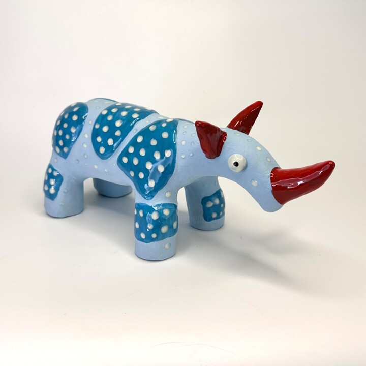 Sculpture titled "Turquoise Rhino" by Stefan Mager, Original Artwork, Ceramics