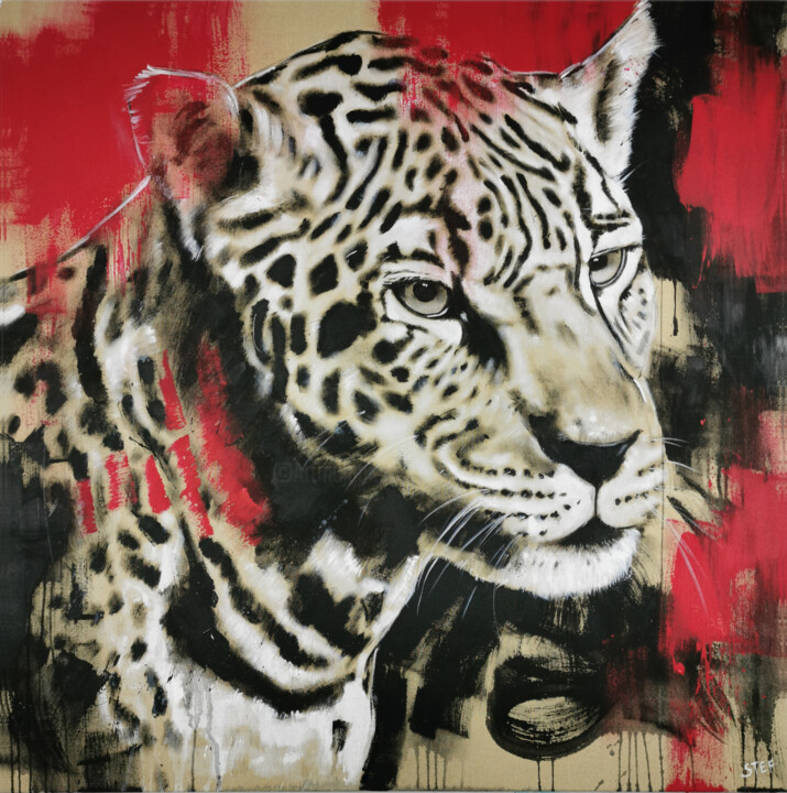 Картина под названием "BIG CAT - LEOPARD #3" - Stefanie Rogge, Подлинное произведение искусства, Акрил Установлен на Деревян…
