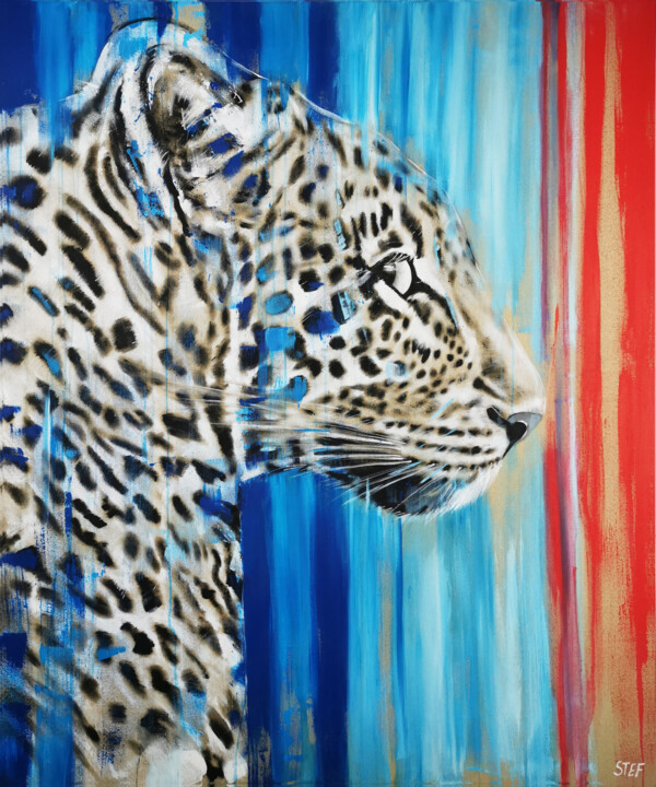 Painting titled "LEOPARD #4 - RED LI…" by Stefanie Rogge, Original Artwork, Acrylic Mounted on Wood Stretcher frame