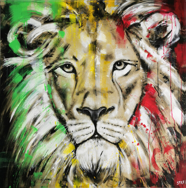 Painting titled "LION #20 - SERIES B…" by Stefanie Rogge, Original Artwork, Acrylic Mounted on Wood Stretcher frame