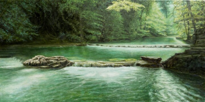 Schilderij getiteld "Il fiume caldo" door Stefano Anselmi, Origineel Kunstwerk, Olie