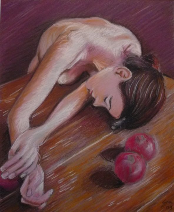 Painting titled "Donna con mele grano" by Stefano Di Marco, Original Artwork, Pastel