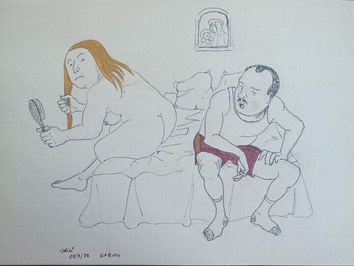 Disegno intitolato "Sabato" da Stefano Galli, Opera d'arte originale, Biro