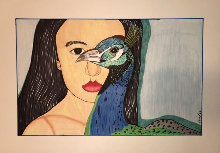 Painting titled "Peacock in the eye" by Stefano Lusvardi (Ludwig), Original Artwork, Marker