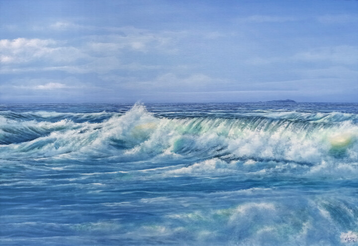 Painting titled "Waves in the mornin…" by Stefano Urzi, Original Artwork, Oil Mounted on Wood Stretcher frame