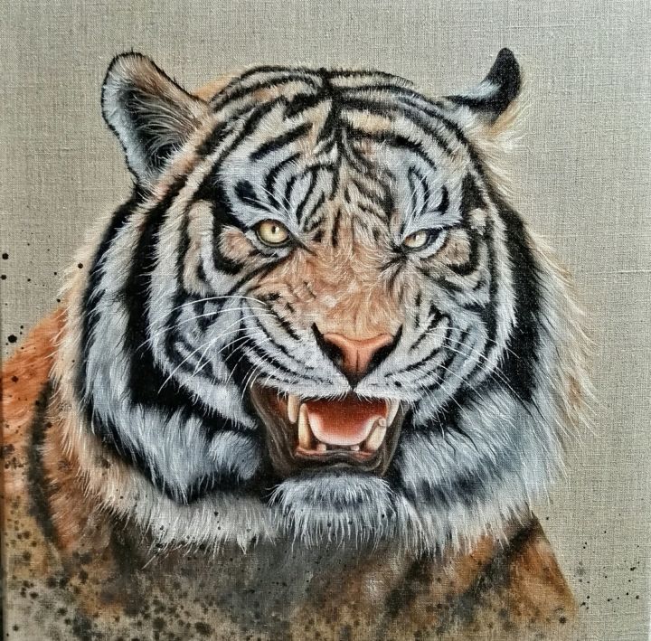 Malarstwo zatytułowany „Le tigre huile sur…” autorstwa Steivan Loundou, Oryginalna praca, Olej Zamontowany na Drewniana rama…