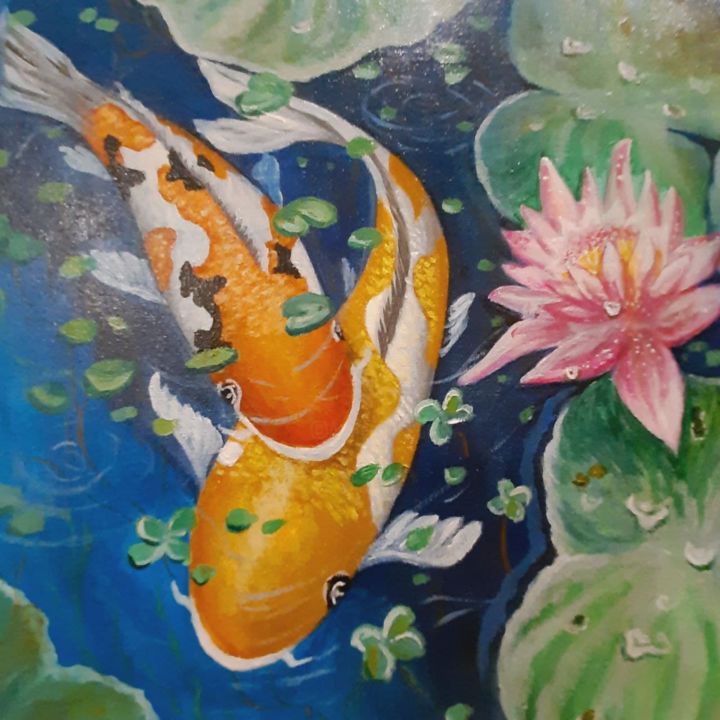 Painting titled "Fish in the pond" by Svetlana Machulka, Original Artwork, Acrylic