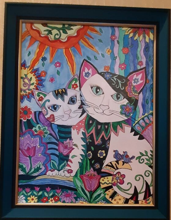 Schilderij getiteld "Kitties" door Svetlana Machulka, Origineel Kunstwerk, Acryl Gemonteerd op Frame voor houten brancard