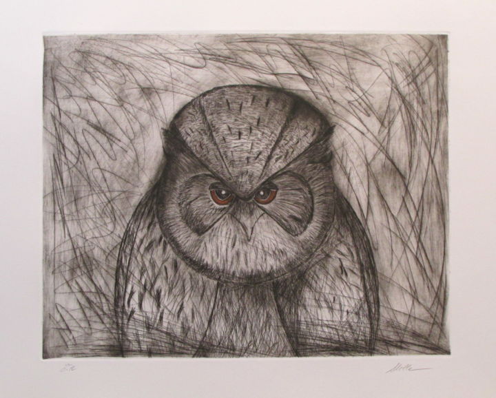 Gravures & estampes intitulée "HIBOU" par Stella Erbibo, Œuvre d'art originale, Gravure