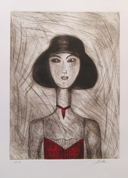 Gravures & estampes intitulée "FEMME EN ROUGE" par Stella Erbibo, Œuvre d'art originale, Gravure