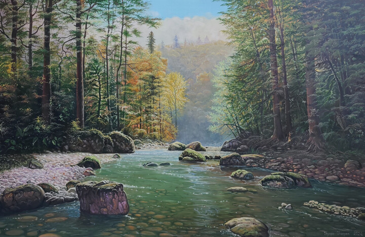 Painting titled "Verdant Tranquility" by Stepan Ohanyan, Original Artwork, Oil Mounted on Wood Stretcher frame