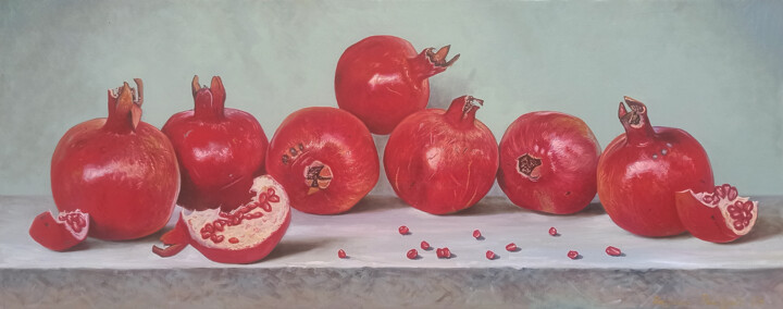 Painting titled "Pomegranate Harvest" by Stepan Ohanyan, Original Artwork, Oil Mounted on Wood Stretcher frame