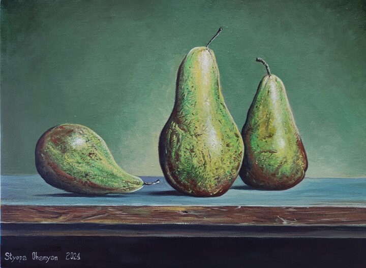 Painting titled "Three Pears in Harm…" by Stepan Ohanyan, Original Artwork, Oil Mounted on Wood Stretcher frame