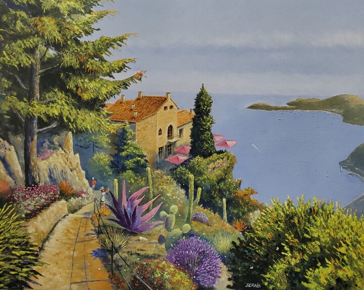 Painting titled "Eze et son jardin e…" by Stephan Serais, Original Artwork, Oil Mounted on Wood Stretcher frame