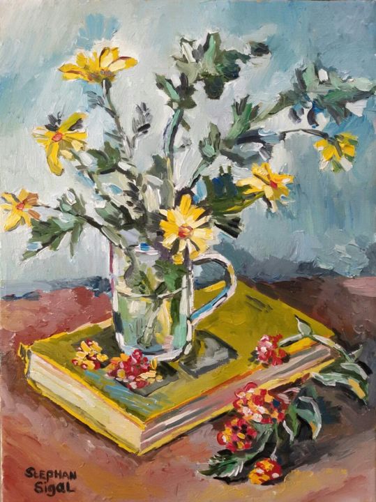 Painting titled "Цветы на книге." by Stephan_sigal, Original Artwork, Oil