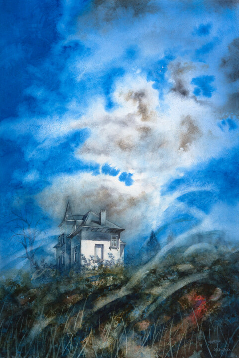 Painting titled "Top of the hill" by Stéphan Swolfs, Original Artwork, Watercolor