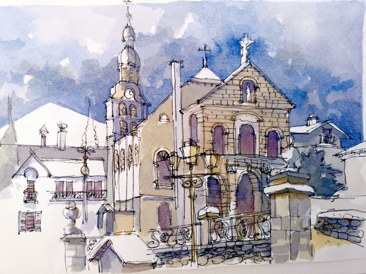 Malerei mit dem Titel "Megeve, l'Eglise" von Stephane Cazenave, Original-Kunstwerk, Aquarell