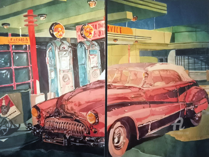 Painting titled "Gas Station FLorida" by Stephane Cazenave, Original Artwork, Watercolor