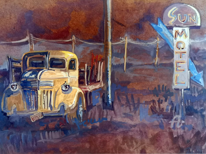 Painting titled "SUN MOTEL  ROUTE 66" by Stephane Cazenave, Original Artwork, Acrylic