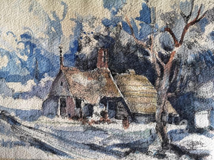 Drawing titled "Campagne hollandaise" by Stephane Cazenave, Original Artwork, Watercolor
